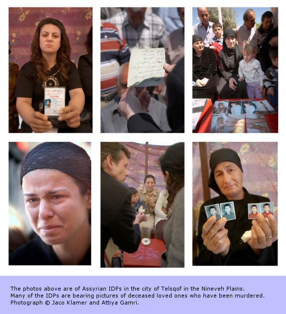 The photos above are of Assyrian IDPs in the city of Telsqof in the Nineveh Plains. Many of the IDPs are bearing pictures of deceased loved ones who have been murdered.