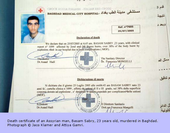 Death certificate of an Assyrian man, Basam Sabry, 23 years old, murdered in Baghdad.