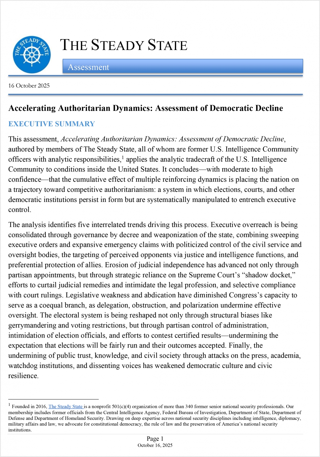 20251016: The Steady State: Accelerating Authoritarian Dynamics: Assessment of Democratic Decline (PDF)