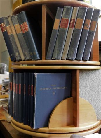 Volumes of the University of Chicago's Assyrian Dictionary on bookshelves