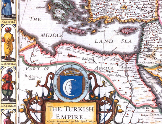 The third person from the bottom left represents Assyrians among the peoples of the Turkish Empire in this 1626 map by John Speed