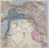 Map of Sykes–Picot Agreement showing Eastern Turkey in Asia, Syria and Western Persia, and areas of control and influence agreed between the British and the French. Royal Geographical Society, 1910-15. Signed by Mark Sykes and François Georges-Picot, 8 May 1916. Wikipedia.