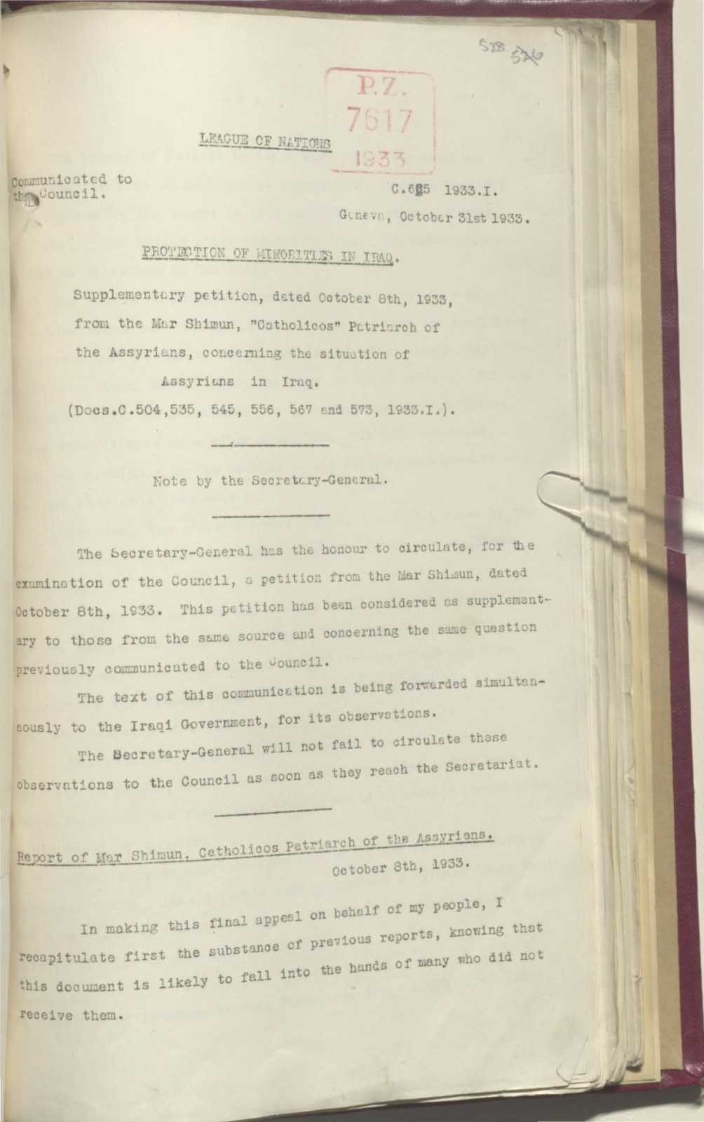 1933: League of Nations: Protection of Minorities in Iraq - Assyrians