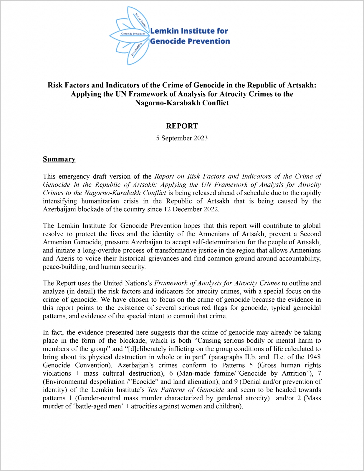 Lemkin Institute - Risk Factors and Indicators of the Crime of Genocide in the Republic of Artsakh: Applying the UN Framework of Analysis for Atrocity Crimes to the Nagorno-Karabakh Conflict. Summary - September 05, 2023.