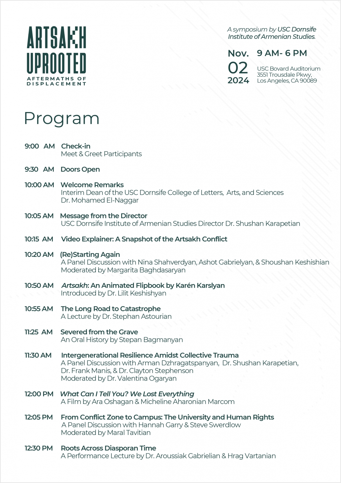 20241102 - US - California - USC Dornsife - Institute of Armenian Studies - Program - Artsakh Uprooted: Aftermaths of Displacement (PDF)