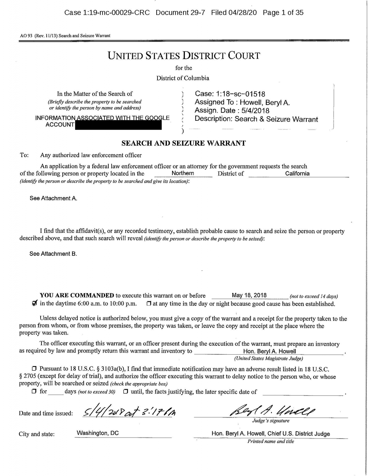 May 2018 FBI search warrant.