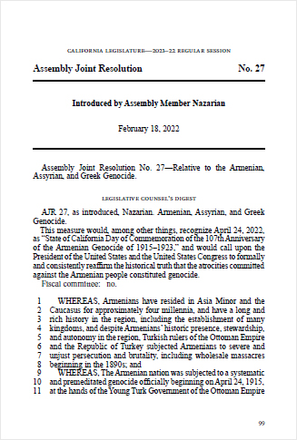 US California Legislature: AJR-27 Armenian, Assyrian, and Greek Genocide (PDF)