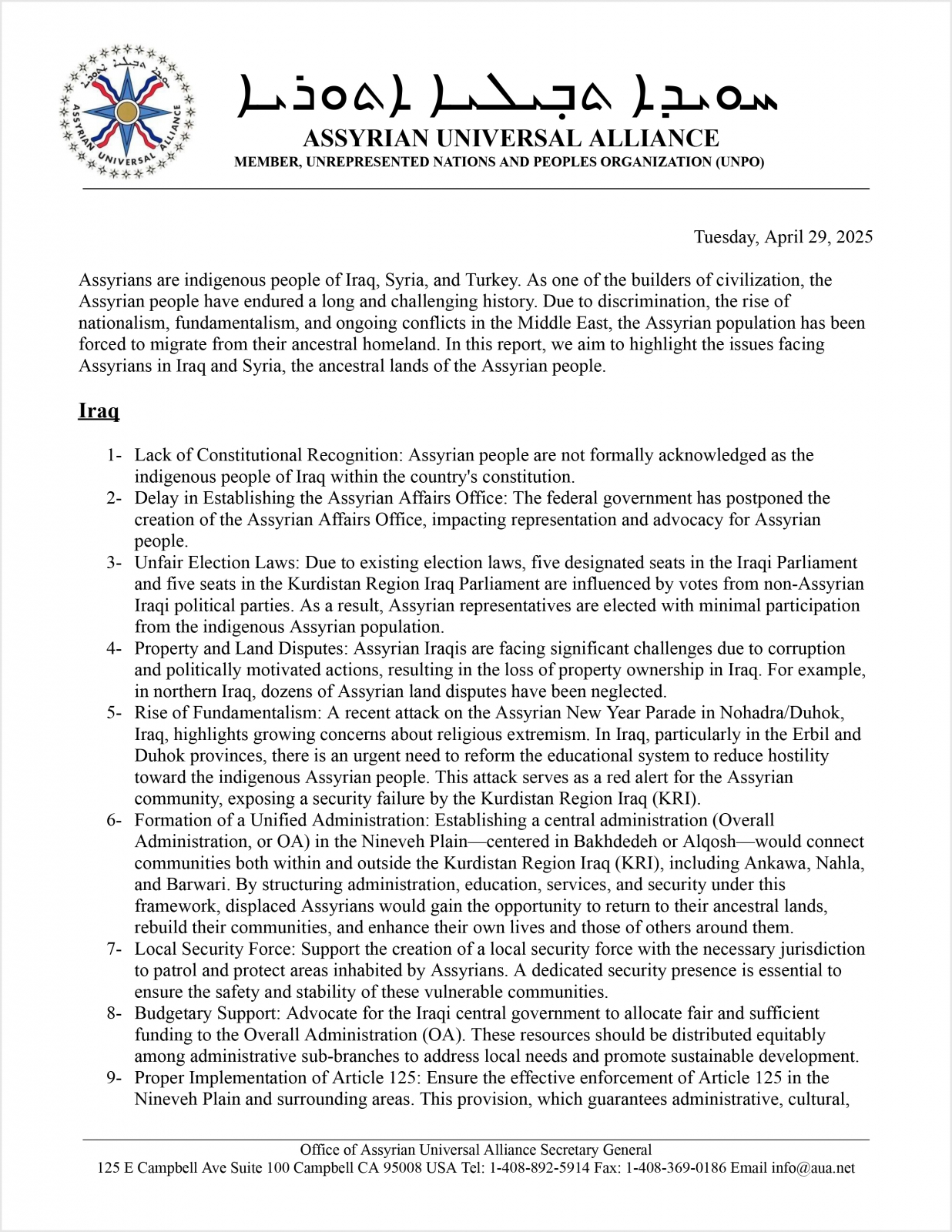 AUA Report to UNPO, April 29, 2025