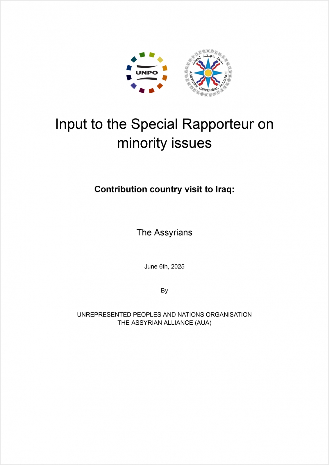 20250606 - Iraq - AUA-UNPO Input to the United Nations Special Rapporteur on Minority Issues - The Assyrians (PDF)