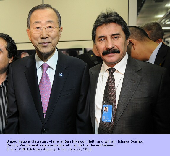 United Nations Secretary-General Ban Ki-moon (left) and William Ishaya Odisho, Deputy Permanent Representative of Iraq to the United Nations. Photo: XINHUA News Agency, November 22, 2011. 