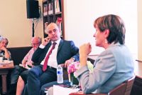 Dr. Paul Haidostian, president of Beirut’s Haigazian University and Dr. Laurie Brand, director of the USC Middle East Studies Program. September 29, 2014. Photo: Dan Avila.