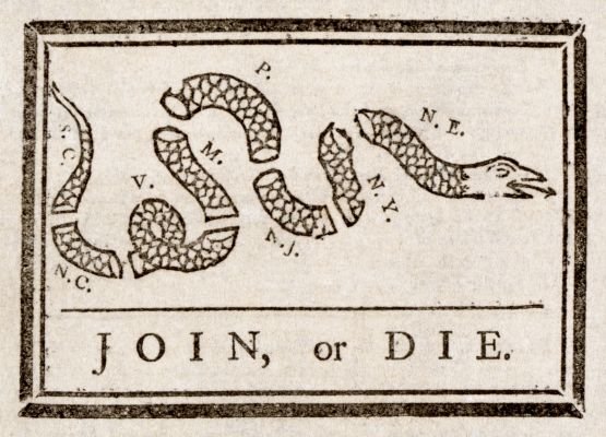 Join, or Die is a political cartoon, drawn by Benjamin Franklin and first published in his Pennsylvania Gazette on May 9, 1754 to encourage the former colonies to unite against British rule.