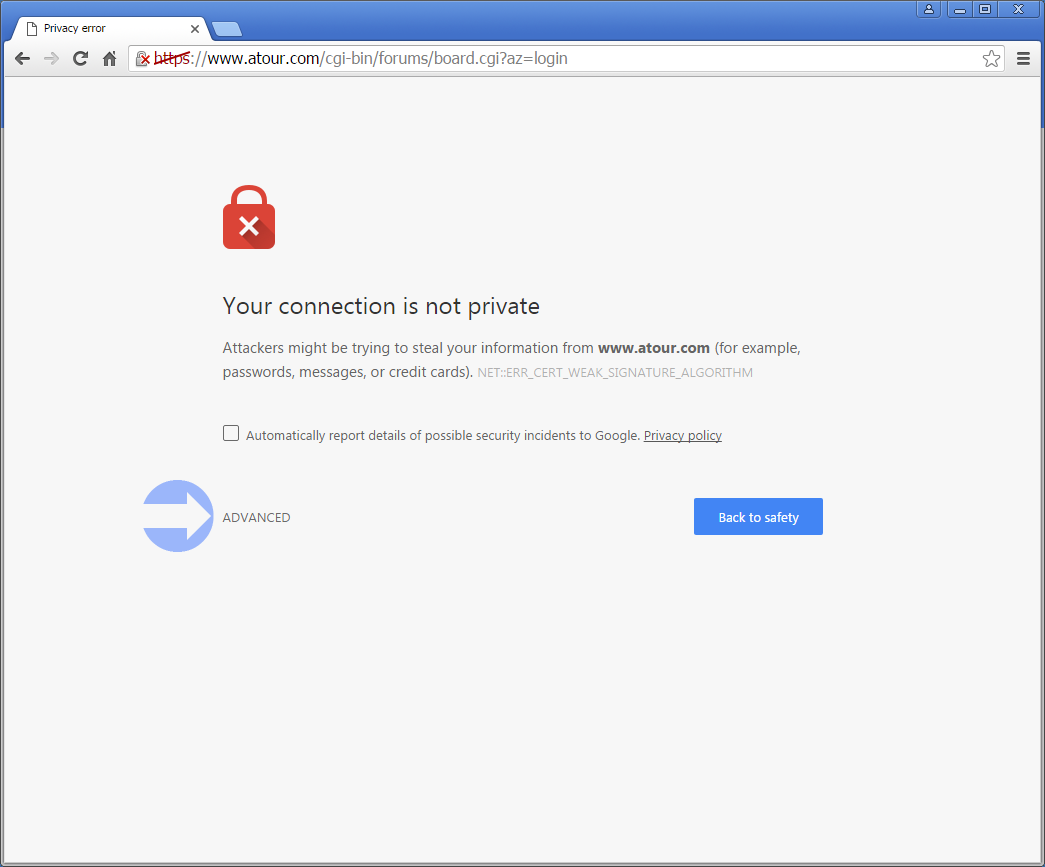 Initial Google Chrome login screen, click on Advanced.