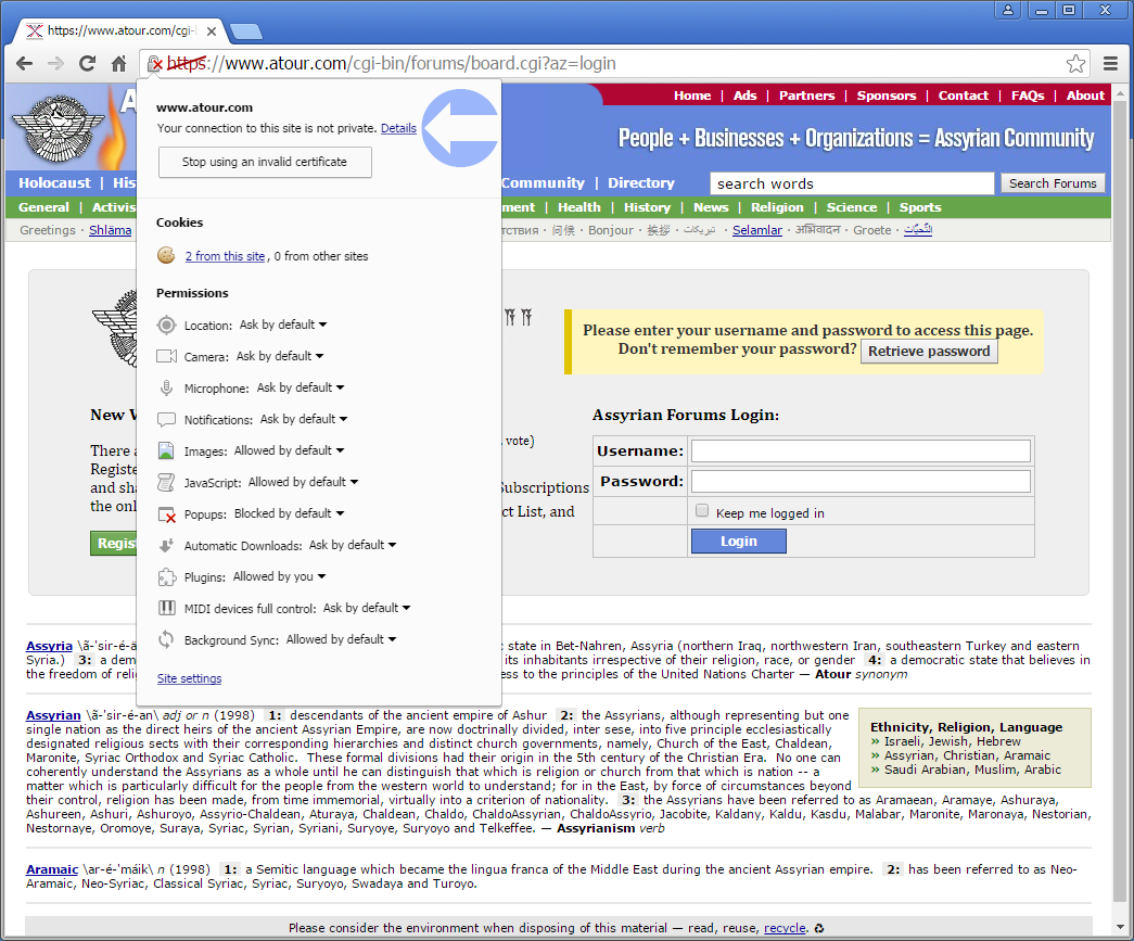 Click on  Details to view the security of the current Assyrian Forums login page.