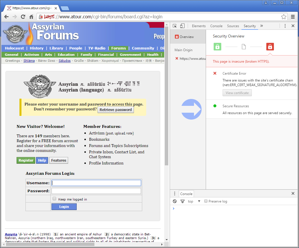 Google Chrome security overview displays all resources on this page are served securely using an older certificate signature algorithm.  The lock icon will remain red due the older certificate, but the login/logout pages are transmitted securely.