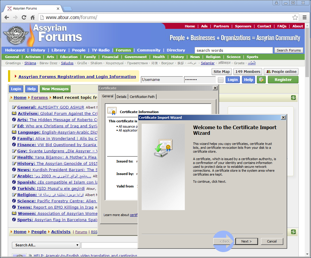 At the Welcome to the Certificate Import Wizard menu, click Next >