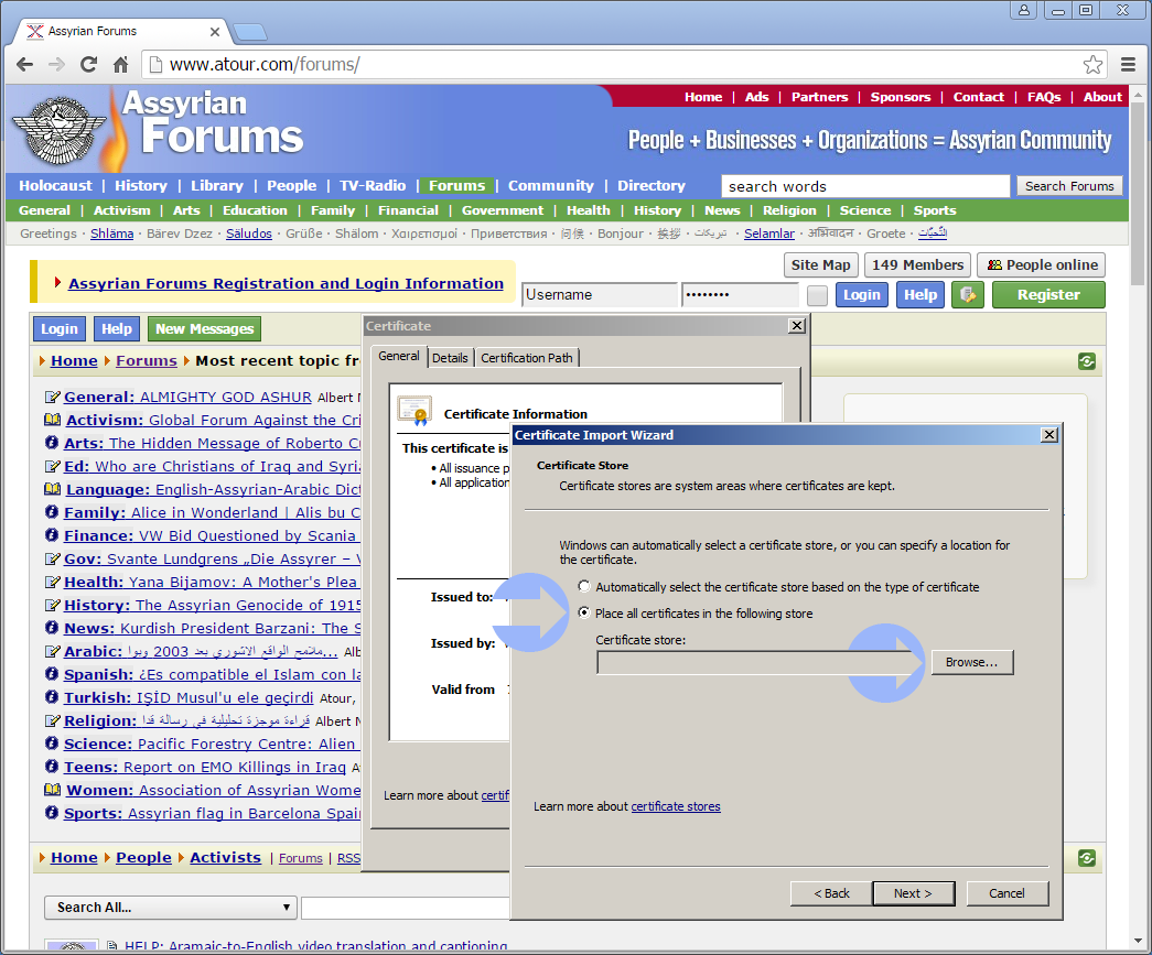 Select Place all certificates in the following store, and then click on Browse.