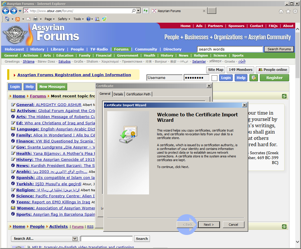 At the Welcome to the Certificate Import Wizard menu, click Next >