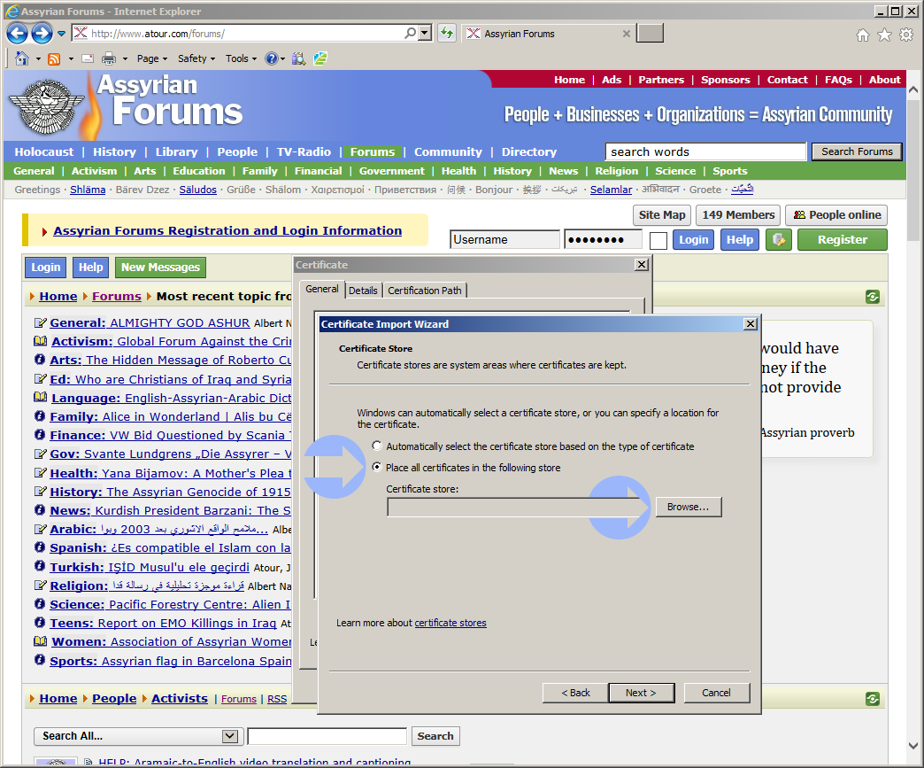 Select Place all certificates in the following store, and then click on Browse.