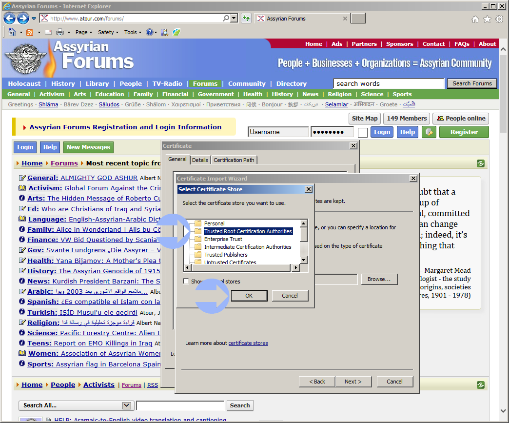 Select Trusted Root Certification Authorities, and the click on OK.