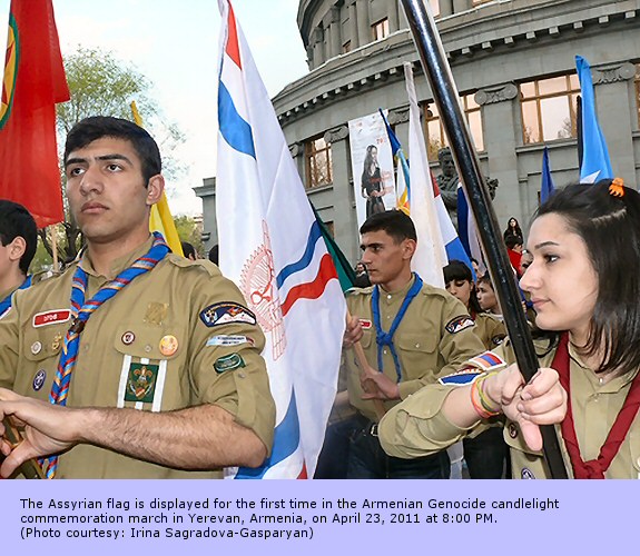 The Assyrian flag is displayed for the first time in the Armenian Genocide candlelight commemoration march in Yerevan, Armenia, on April 23, 2011 at 8:00 PM. (Photo courtesy: Irina Sagradova-Gasparyan)