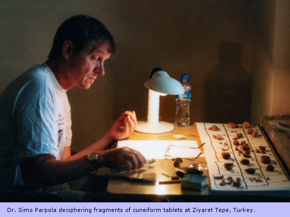 Dr. Simo Parpola deciphering fragments of cuneiform tablets at Ziyaret Tepe, Turkey.